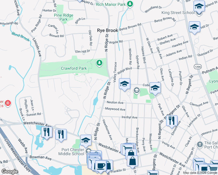 map of restaurants, bars, coffee shops, grocery stores, and more near 109 North Ridge Street in Rye Brook