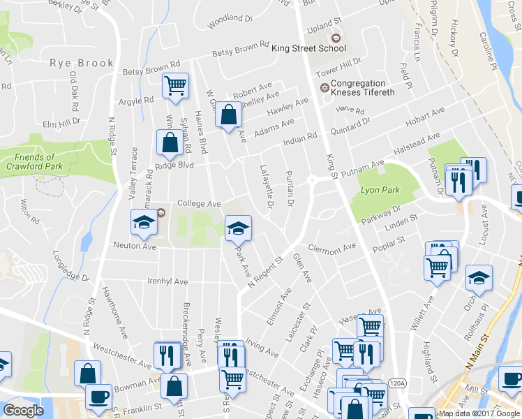 map of restaurants, bars, coffee shops, grocery stores, and more near 255 Glen Avenue in Port Chester