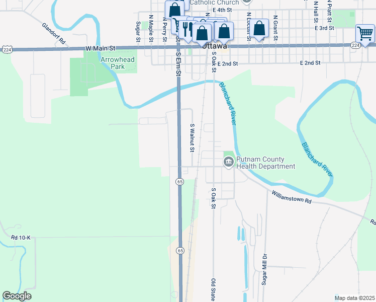 map of restaurants, bars, coffee shops, grocery stores, and more near 484 South Walnut Street in Ottawa