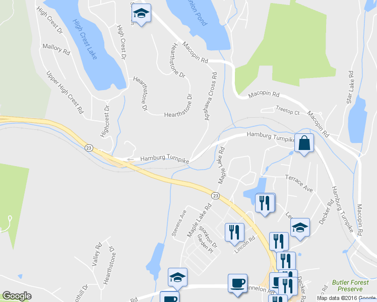 map of restaurants, bars, coffee shops, grocery stores, and more near 94 Apshawa Cross Road in West Milford