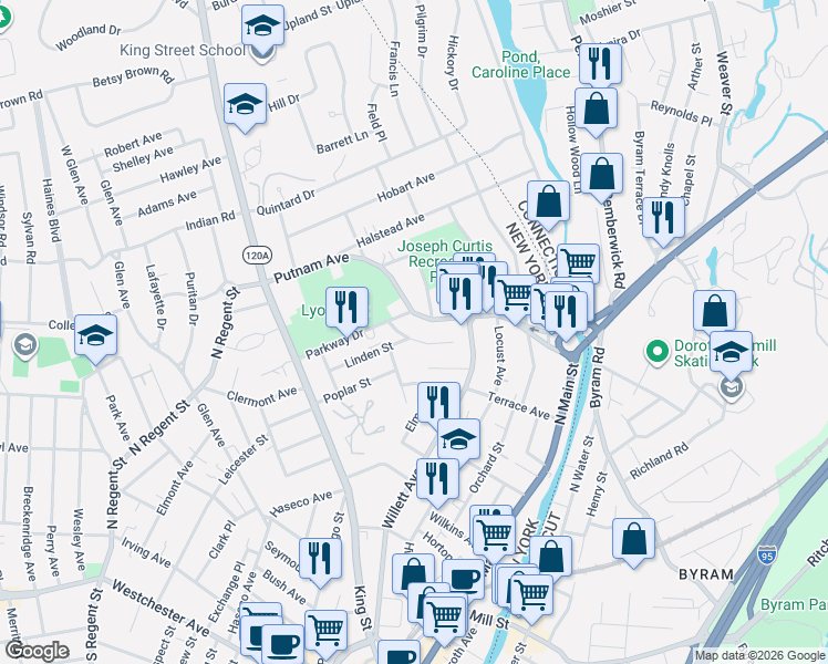 map of restaurants, bars, coffee shops, grocery stores, and more near 84 Putnam Avenue in Port Chester