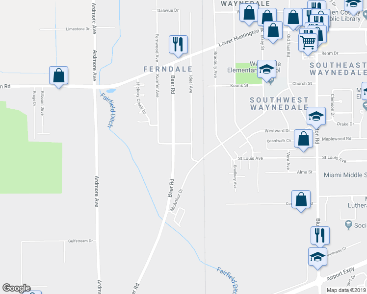 map of restaurants, bars, coffee shops, grocery stores, and more near 7426 Ideal Avenue in Fort Wayne