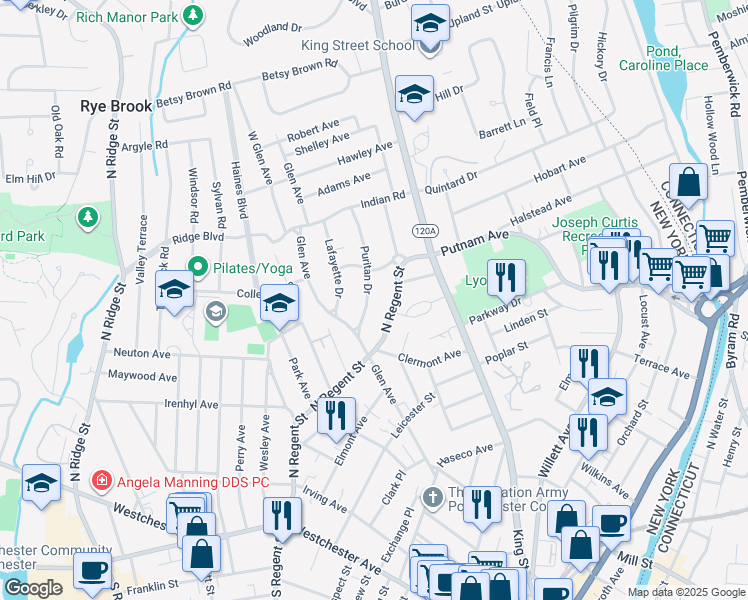 map of restaurants, bars, coffee shops, grocery stores, and more near 34 Puritan Drive in Port Chester