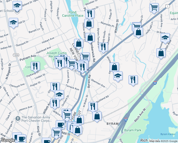 map of restaurants, bars, coffee shops, grocery stores, and more near West Putnam Avenue & Byram Rd in Greenwich