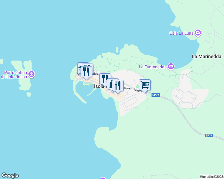 map of restaurants, bars, coffee shops, grocery stores, and more near 1 Via Discesa alla Spiaggia in Isola Rossa
