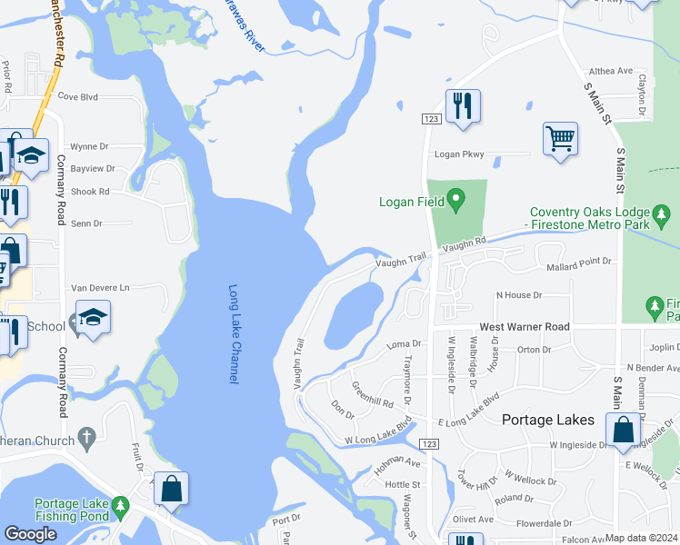 map of restaurants, bars, coffee shops, grocery stores, and more near 359 Vaughn Trail in Akron