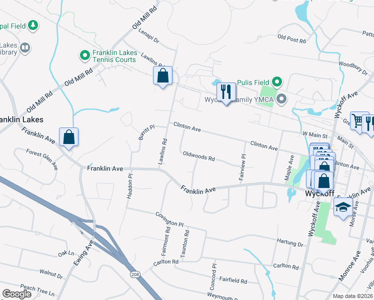 map of restaurants, bars, coffee shops, grocery stores, and more near 535 Oldwoods Road in Wyckoff