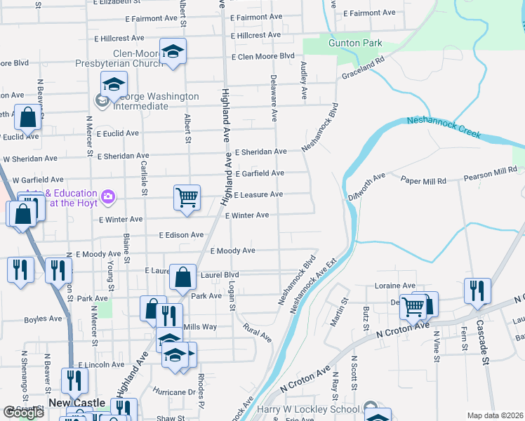 map of restaurants, bars, coffee shops, grocery stores, and more near 433 East Winter Avenue in New Castle