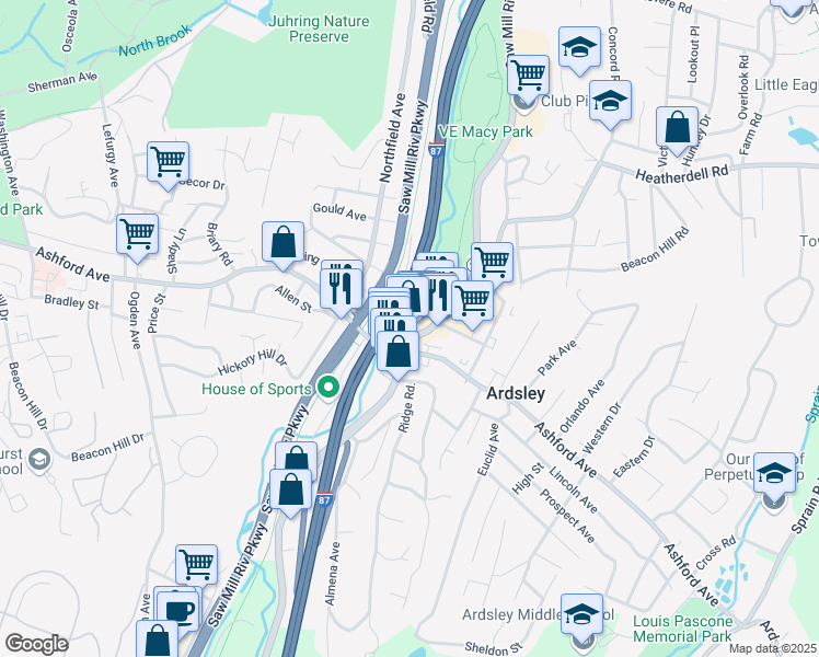 map of restaurants, bars, coffee shops, grocery stores, and more near 692 Saw Mill River Road in Ardsley