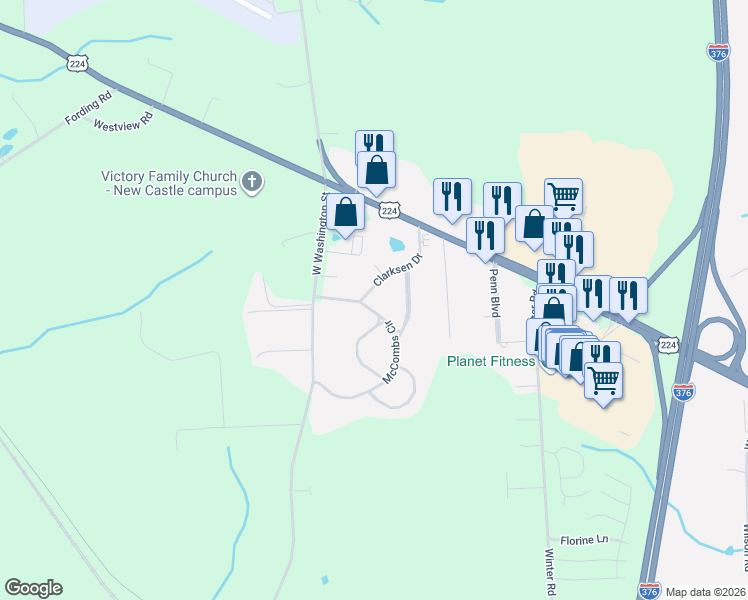 map of restaurants, bars, coffee shops, grocery stores, and more near 149 Clarksen Drive in New Castle