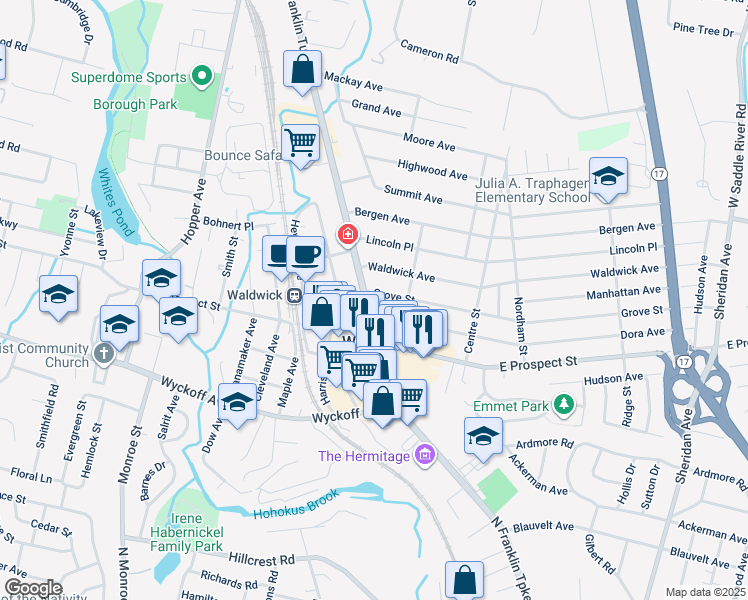 map of restaurants, bars, coffee shops, grocery stores, and more near 9 Grove Street in Waldwick