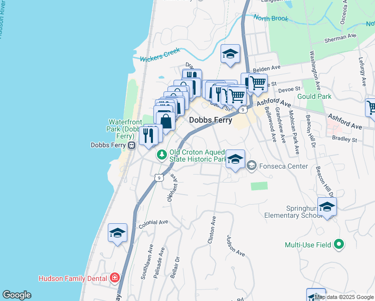 map of restaurants, bars, coffee shops, grocery stores, and more near 300 Broadway in Dobbs Ferry