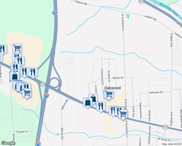 map of restaurants, bars, coffee shops, grocery stores, and more near 200 Oak Park Lane in New Castle