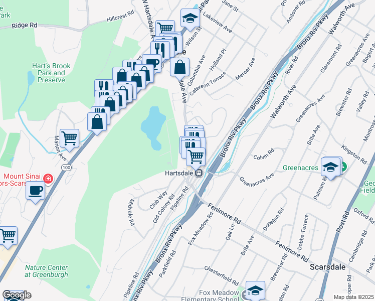 map of restaurants, bars, coffee shops, grocery stores, and more near 170 East Hartsdale Avenue in Hartsdale