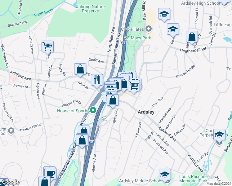 map of restaurants, bars, coffee shops, grocery stores, and more near 692 Saw Mill River Road in Ardsley