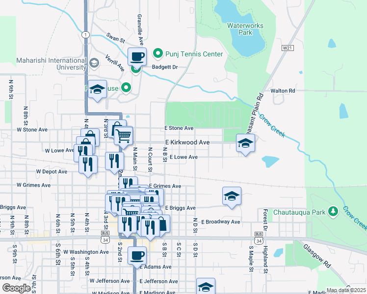 map of restaurants, bars, coffee shops, grocery stores, and more near 305 E Kirkwood Ave in Fairfield