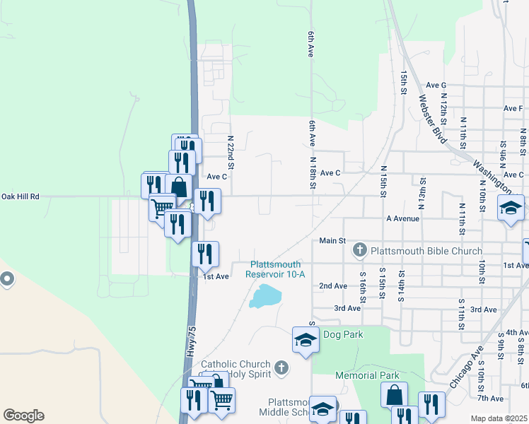 map of restaurants, bars, coffee shops, grocery stores, and more near 2015 Avenue B in Plattsmouth