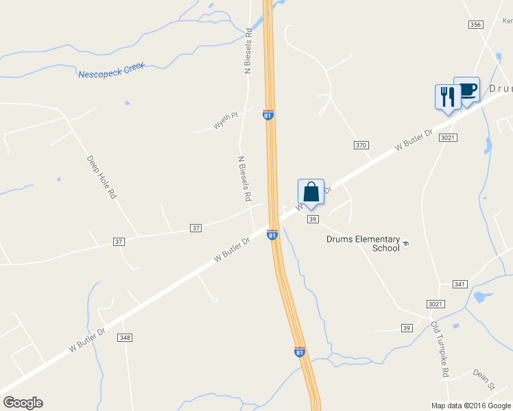 map of restaurants, bars, coffee shops, grocery stores, and more near North Beisels Road in Drums