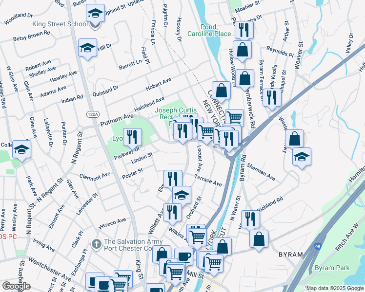 map of restaurants, bars, coffee shops, grocery stores, and more near 67 Putnam Avenue in Port Chester