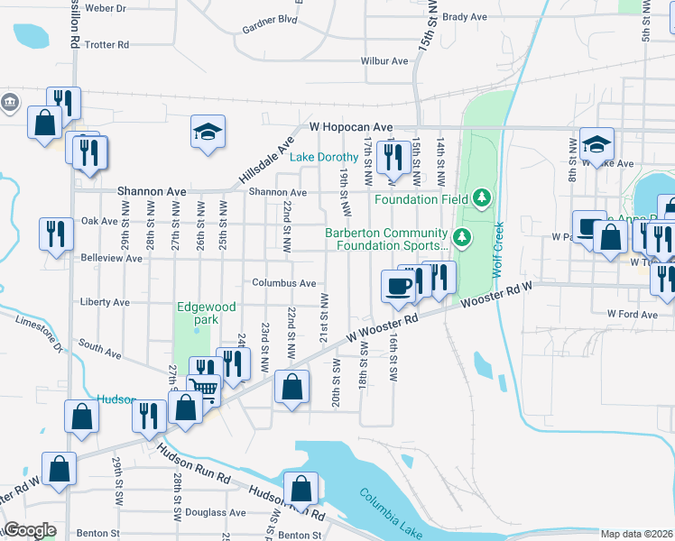map of restaurants, bars, coffee shops, grocery stores, and more near 88 19th Street Northwest in Barberton