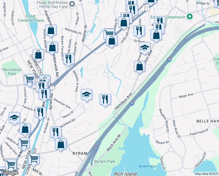 map of restaurants, bars, coffee shops, grocery stores, and more near 1 Western Junior Highway in Greenwich