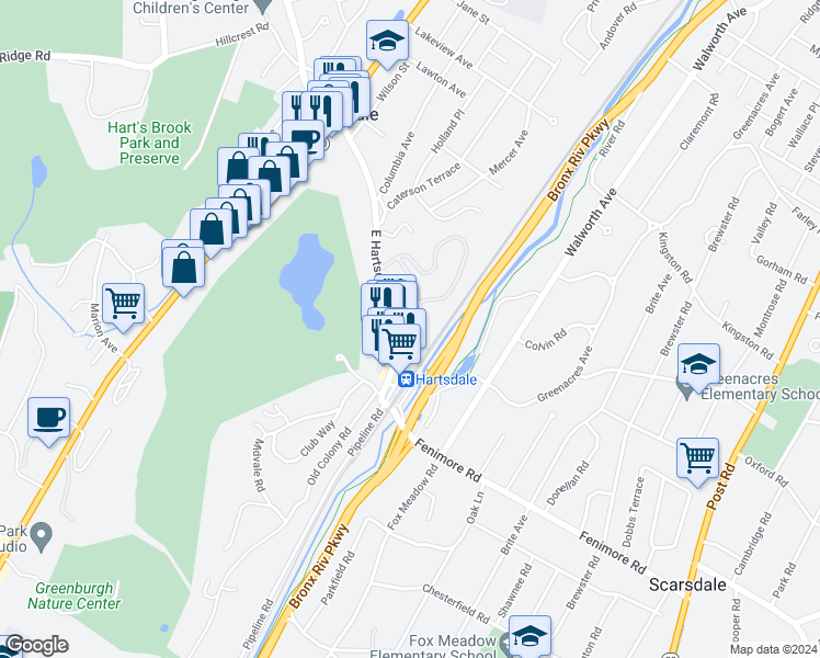map of restaurants, bars, coffee shops, grocery stores, and more near 177 East Hartsdale Avenue in Hartsdale