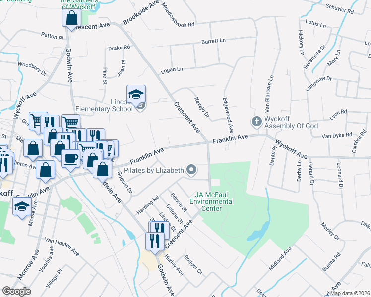 map of restaurants, bars, coffee shops, grocery stores, and more near 210 Franklin Avenue in Wyckoff