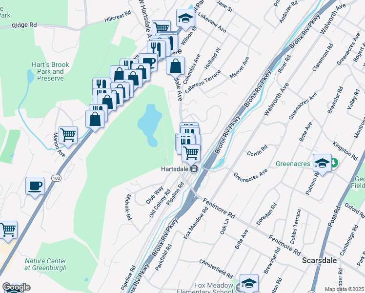 map of restaurants, bars, coffee shops, grocery stores, and more near 180 East Hartsdale Avenue in Hartsdale