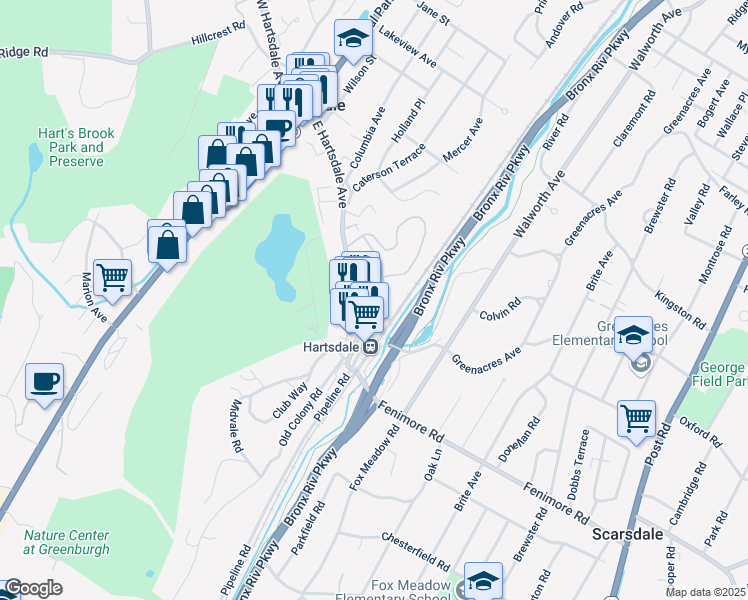 map of restaurants, bars, coffee shops, grocery stores, and more near 177 East Hartsdale Avenue in Hartsdale