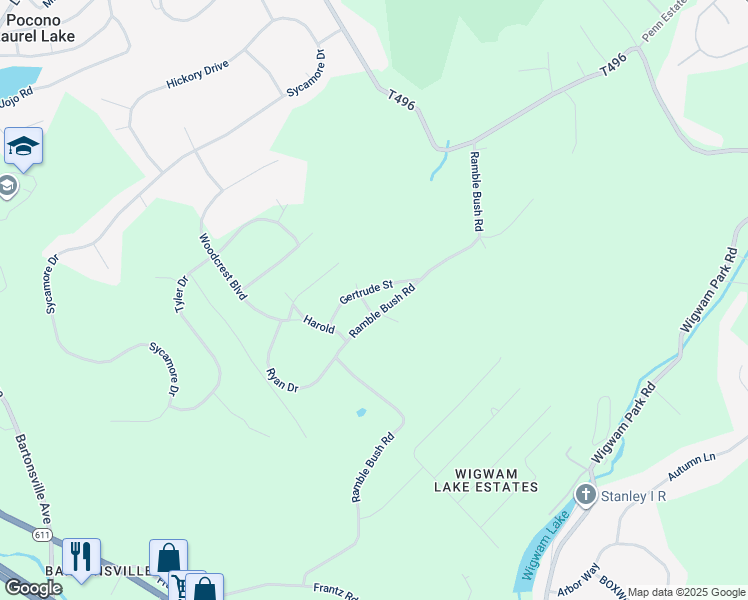 map of restaurants, bars, coffee shops, grocery stores, and more near 271 Ramble Bush Road in Stroudsburg