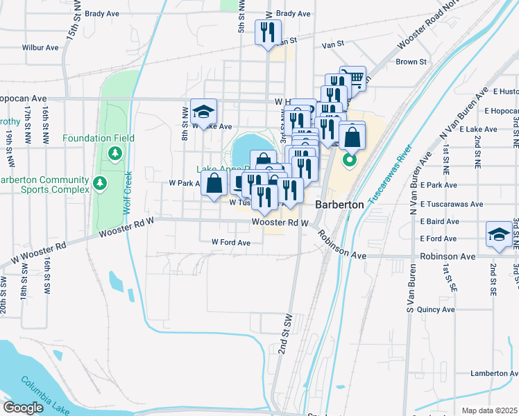 map of restaurants, bars, coffee shops, grocery stores, and more near 565 West Tuscarawas Avenue in Barberton