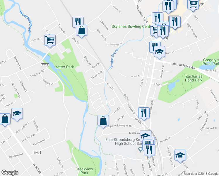 map of restaurants, bars, coffee shops, grocery stores, and more near 211 King Street in East Stroudsburg