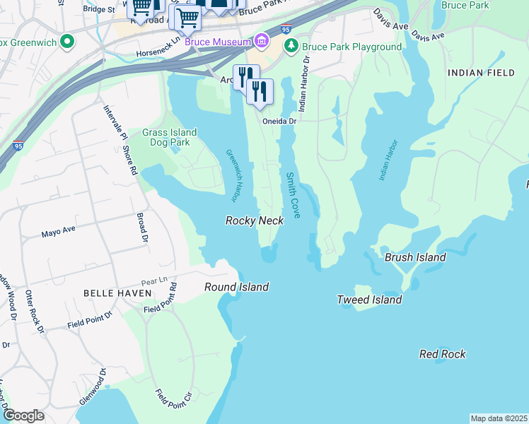map of restaurants, bars, coffee shops, grocery stores, and more near 680 Steamboat Road in Greenwich