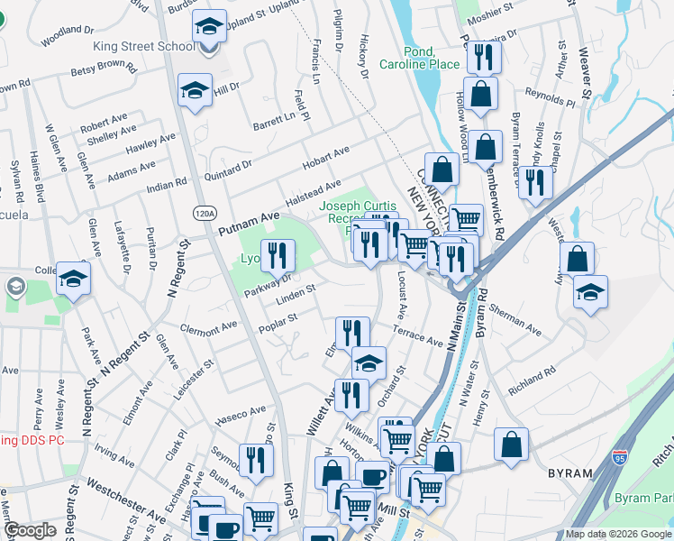 map of restaurants, bars, coffee shops, grocery stores, and more near 84 Putnam Avenue in Port Chester