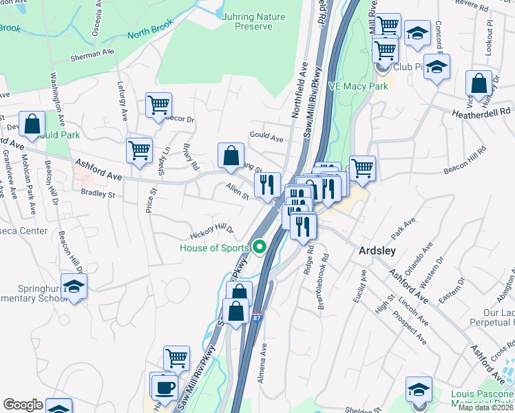 map of restaurants, bars, coffee shops, grocery stores, and more near 16 Southfield Avenue in Scarsdale
