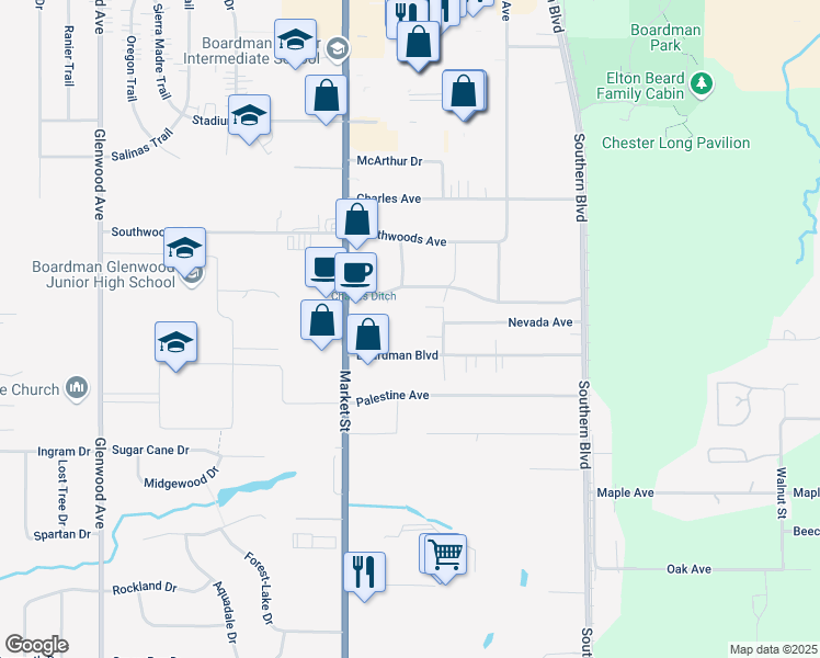 map of restaurants, bars, coffee shops, grocery stores, and more near 7732 Tod Avenue in Youngstown