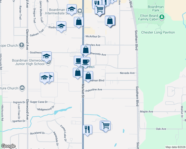 map of restaurants, bars, coffee shops, grocery stores, and more near 44 Boardman Boulevard in Youngstown