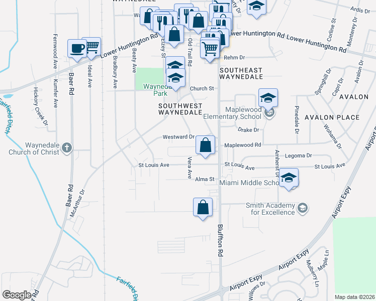 map of restaurants, bars, coffee shops, grocery stores, and more near 2621 Boardwalk Circle in Fort Wayne