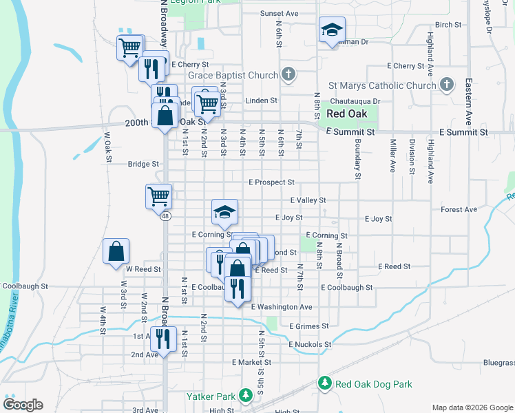 map of restaurants, bars, coffee shops, grocery stores, and more near 400 East Valley Street in Red Oak