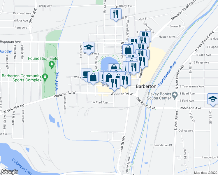 map of restaurants, bars, coffee shops, grocery stores, and more near 572 West Tuscarawas Avenue in Barberton