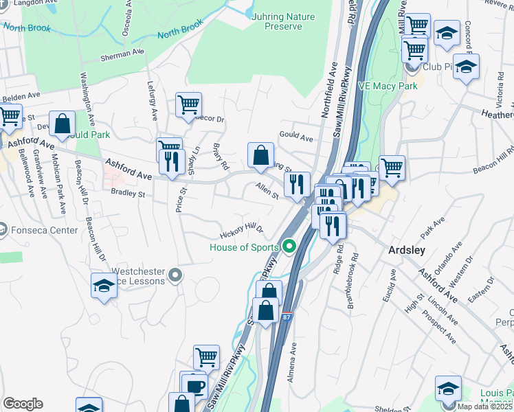 map of restaurants, bars, coffee shops, grocery stores, and more near 68 Florence Avenue in Dobbs Ferry