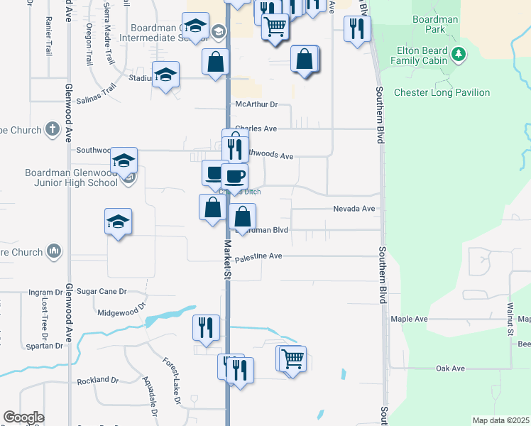 map of restaurants, bars, coffee shops, grocery stores, and more near 44 Boardman Boulevard in Youngstown
