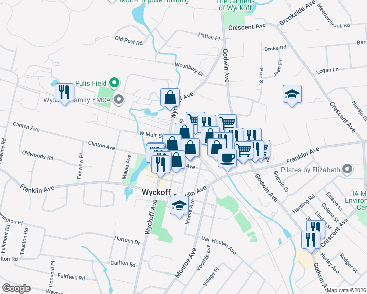 map of restaurants, bars, coffee shops, grocery stores, and more near 384 Main Street in Wyckoff