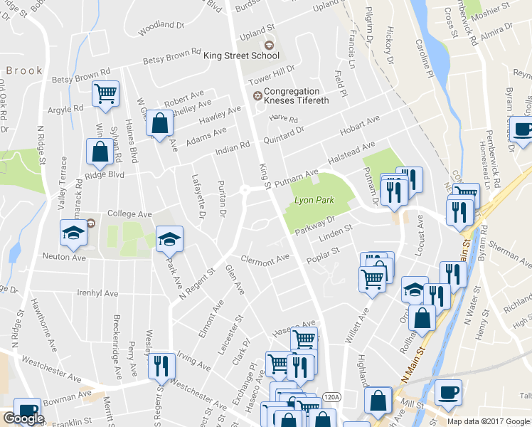 map of restaurants, bars, coffee shops, grocery stores, and more near 84 Davenport Avenue in Port Chester
