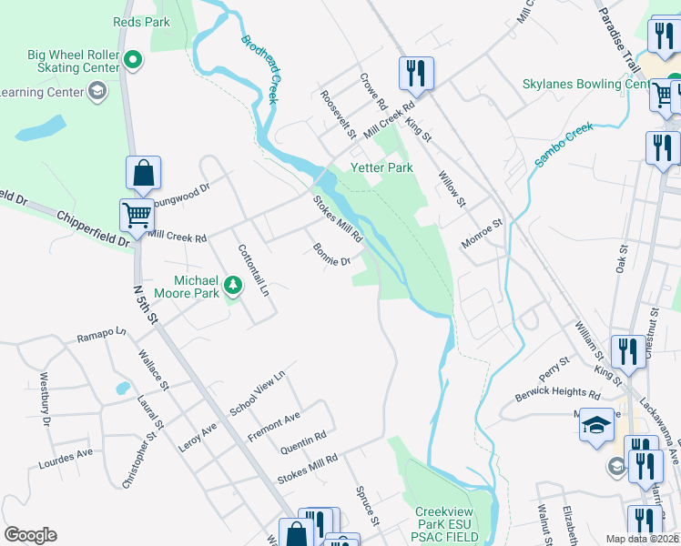 map of restaurants, bars, coffee shops, grocery stores, and more near 25 Bonnie Drive in East Stroudsburg