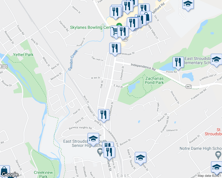 map of restaurants, bars, coffee shops, grocery stores, and more near 510 North Courtland Street in East Stroudsburg