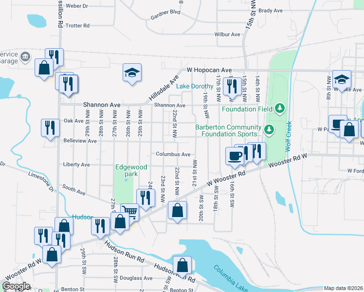 map of restaurants, bars, coffee shops, grocery stores, and more near 1032 West Tuscarawas Avenue in Barberton