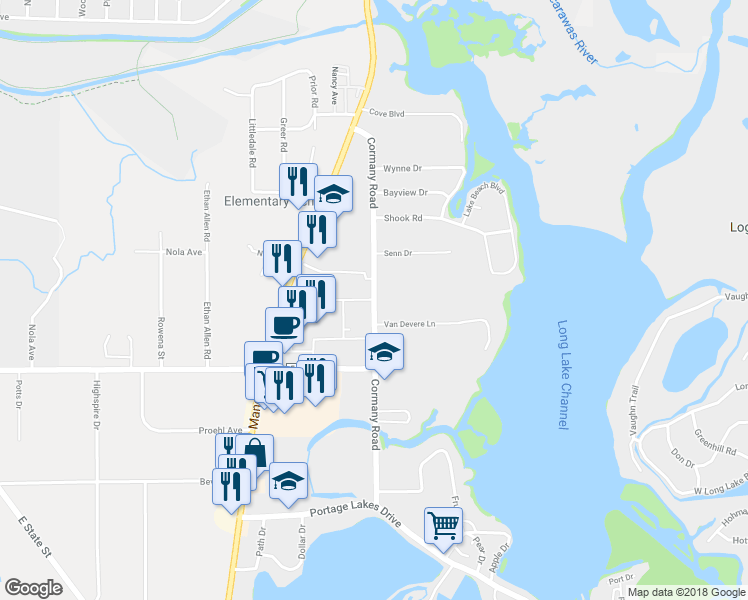 map of restaurants, bars, coffee shops, grocery stores, and more near 3201 Cormany Road in Akron