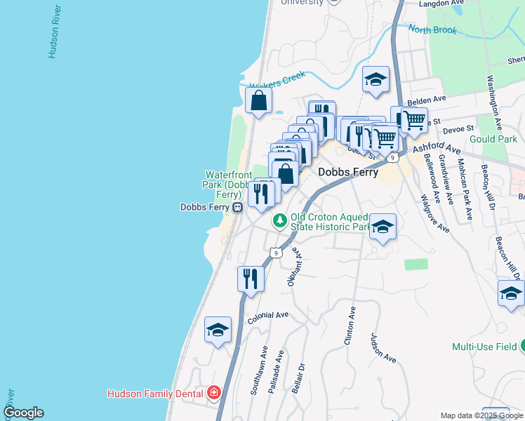 map of restaurants, bars, coffee shops, grocery stores, and more near 17 Main Street in Dobbs Ferry