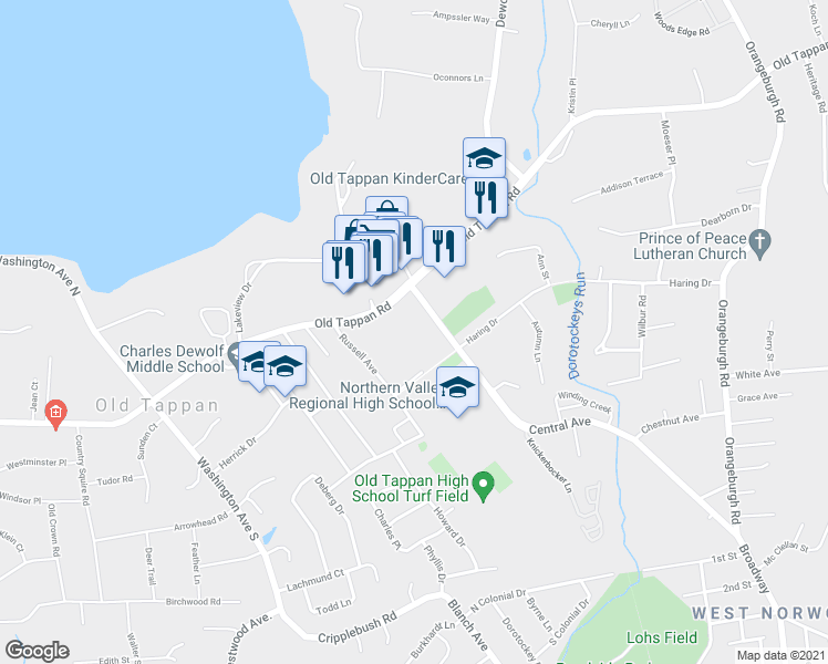 map of restaurants, bars, coffee shops, grocery stores, and more near 184 Central Avenue in Old Tappan